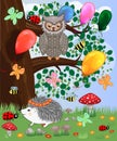 Forest landscape, cartoon illustration with ladybirds, mushrooms, mushrooms, sun, hedgehog, sleepy, unhappy owl