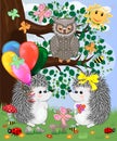 Forest landscape, cartoon illustration with ladybirds, mushrooms, mushrooms, sun, hedgehog, sleepy, unhappy owl