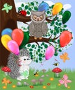 Forest landscape, cartoon illustration with ladybirds, mushrooms, mushrooms, sun, hedgehog, sleepy, unhappy owl