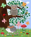 Forest landscape, cartoon illustration with ladybirds, mushrooms, mushrooms, sun, hedgehog, sleepy, unhappy owl