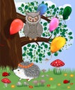 Forest landscape, cartoon illustration with ladybirds, mushrooms, mushrooms, sun, hedgehog, sleepy, unhappy owl