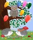 Forest landscape, cartoon illustration with ladybirds, mushrooms, mushrooms, sun, hedgehog, sleepy, unhappy owl