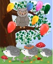 Forest landscape, cartoon illustration with ladybirds, mushrooms, mushrooms, sun, hedgehog, sleepy, unhappy owl