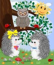 Forest landscape, cartoon illustration with ladybirds, mushrooms, mushrooms, sun, hedgehog, sleepy, unhappy owl