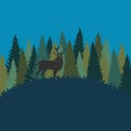 Forest landscape with deer and forest of firs. Vector background.