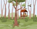 Forest landscape with feeder and flying birds. Animals feeding. Summer nature scenery. Titmouse in bird house. House on Royalty Free Stock Photo