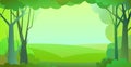 Forest landscape. Frame. Dense wild trees with tall, branched trunks. Summer green landscape. Flat design. Cartoon style