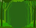 Forest landscape. Frame. Dense wild trees with tall, branched trunks. Summer green landscape. Flat design. Cartoon style