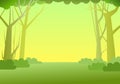 Forest landscape. Frame. Dense wild trees with tall, branched trunks. Summer green landscape. Flat design. Cartoon style