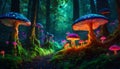 Forest landscape, glowing fungus, fantasy mushrooms in mystery dark forest, fairy tale mystical background Royalty Free Stock Photo
