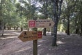 Forest landscape with hiking path signs along the drystone walk