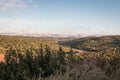 Forest landscape in Israel with clouds, trees, mountains and blue sky