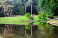 Forest landscape, lake in forest in national park Sofiyivka in Uman, Ukraine, trees are reflected in the water. Spring, summer, Royalty Free Stock Photo