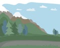 Forest landscape. mountains, with snowy tops. Trees and green fields. Blue sky with clouds. vector flat illustration. Postcard of Royalty Free Stock Photo