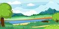 forest landscape. outdoor horizon with river green hills and trees. Vector cartoon seasonal background