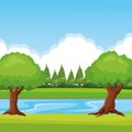 Forest landscape with river icon cartoon