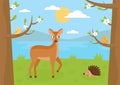 Forest landscape in summer. Cartoon roe deer, hedgehog and birds Royalty Free Stock Photo