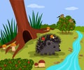 Forest landscape of a sunny day in a forest glade. funny hedgehog near his mink and forest stream. vector illustration