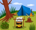 Forest landscape sunny day in the summer camp. Nature, wood, bonfire, tent and guitar are symbols of green tourism. vector Royalty Free Stock Photo