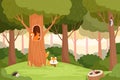 Forest landscape. Trees with holes for wild animals house in wooden trunk for birds squirrels fox vector cartoon
