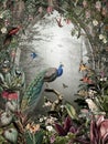 Forest landscape wallpaper arch of trees, plants peacocks and birds in vintage style