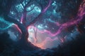 A forest landscape where hyperreal trees are intertwined with glowing, abstract threads of light and color Royalty Free Stock Photo