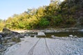 Forest landscape with wooden-plank bridge on river in Kalagarh Tiger Reserve, Corbett Tiger Reserve