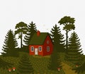 Forest landscape. Woods landscape with Red cabin