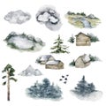 Forest landscapes painted in watercolor. Lakes, fir trees, firs, a river and houses. Winter autumn forest. Nature