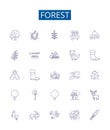 Forest line icons signs set. Design collection of Woodland, Trees, Jungle, Grove, Bush, Greenery, Glade, Canopy outline