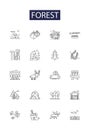 Forest line vector icons and signs. Woodland, Jungle, Greenery, Wilderness, Green, Nature, Shrub, Fauna outline vector