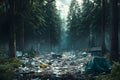 Forest littered with trash and abandoned tents under tall trees Royalty Free Stock Photo