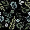 Forest little flowers and leaves seamless pattern. Hand drawn floral endless wallpaper Royalty Free Stock Photo