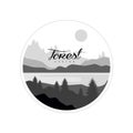 Forest logo design, beautiful nature landscape with silhouettes of trees, mountains and river, natural scene icon in