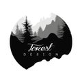 Forest logo design, nature landscape with silhouettes of trees and mountains, natural scene icon in geometric round