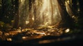A forest with a lot of trees and sunbeams shining through, AI
