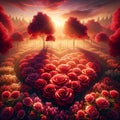 Forest of Love: AI-Generated Sunset Glow Over Heart-Shaped Rose Garden Royalty Free Stock Photo