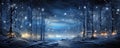 Forest with magical lights in winter at Christmas night, landscape with snow, trees and sky. Panoramic view of fairy woods and Royalty Free Stock Photo