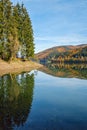 Forest meadow on shore of picturesque lake. Vilshany water reservoir on the Tereblya river, Transcarpathia, Ukraine. Beautiful Royalty Free Stock Photo