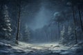 forest in the middle of winter at night falling snow