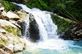 Forest mini-waterfall with blue water