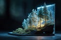 Forest miniature diorama projecting from laptop screen Royalty Free Stock Photo