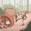 Forest monster kicks a basket of mushrooms