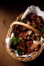 Forest morel mushrooms in a wicker basket