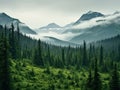 a forest with mountains in the background