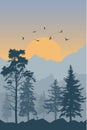 Forest and mountains and flying birds on background of sunrise, silhouette. Beautiful landscape. Vertical wallpaper of nature.