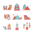 Forest and mountains hiking thin line icons set