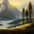 Forest and mountains river landscape vector. Foggy cloudy day vector Royalty Free Stock Photo