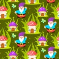 Forest mushroom home and gnomes seamless pattern. Royalty Free Stock Photo