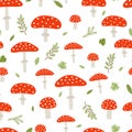 Forest mushroom seamless pattern. Amanita plants, leaves and branches. Nature fly agaric, seasonal natural vector fabric